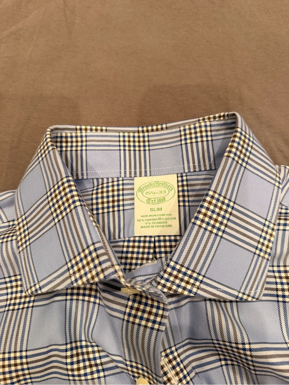 Brooks Brothers Light Blue and Navy Plaid Slim Dress Shirt with Yellow Accent